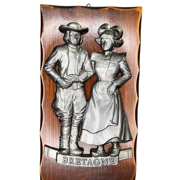 Vintage Wooden & Metal Bretagne France Barometer Man Woman Colonial 12”x4.5” - Picture 2 of 7